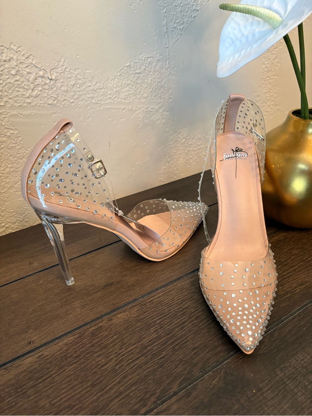 Bisou Bisou Blush Pink Pointed PVC Heels with Rhinestones